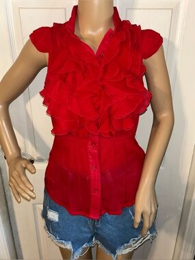 Y2K Miley Cyrus & Max Azria Red Ruffle Cap-Sleeve Button Blouse